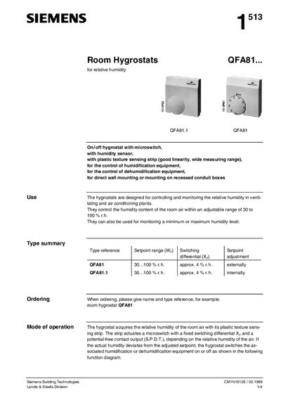 Siemens QFA81 Room Hygrostat User Manual - cover page