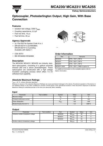 Vishay MCA230/MCA231/MCA255 Optocoupler Datasheet - cover page
