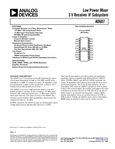 Analog Devices AD607 Low Power Mixer Receiver IF Subsystem Datasheet
