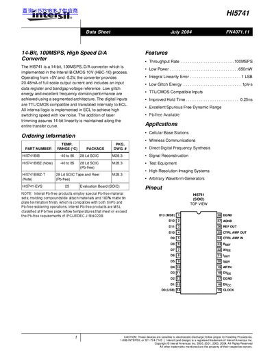 Intersil HI5741 14-Bit D/A Converter Data Sheet - cover page
