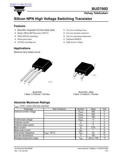 Vishay BUD700D Silicon NPN High Voltage Switching Transistor Datasheet - cover page