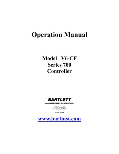 Bartlett V6-CF Series 700 Controller Operation Manual - cover page