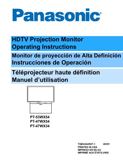 Panasonic PT-53WX54/PT-47WX54/PT-47WX34 HDTV Projection Monitor Operating Instructions - cover page