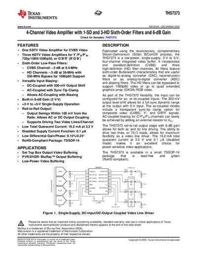 TEXAS INSTRUMENTS THS7373 4-Channel Video Amplifier with 1-SD 3-HD Sixth-Order Filters 6-dB Gain Manual - cover page