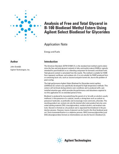 Agilent Analysis of Free Total Glycerol in B-100 Biodiesel Methyl Esters Using Agilent Select Biodiesel for Glycerides handbook - cover page