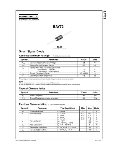 Fairchild BAY72 Small Signal Diode Datasheet - cover page