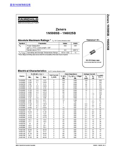 Fairchild 1N5985B - 1N6025B Zener Diode Datasheet - cover page
