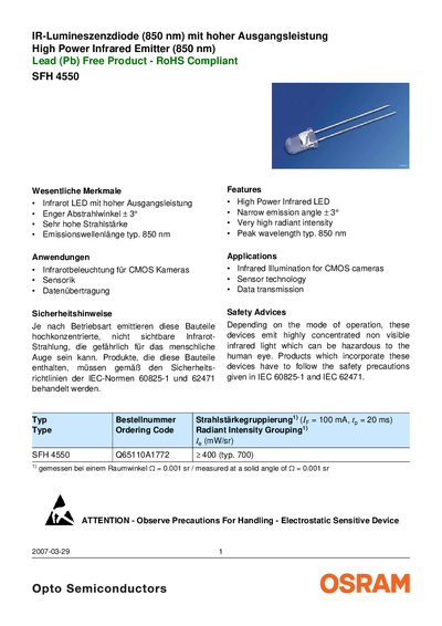 OSRAM SYLVANIA - SFH 4550 IR-Lumineszenzdiode (850 nm) mit hoher Ausgangsleistung High Power Infrared Emitter (850 nm) Lead (Pb) Free Product - RoHS Compliant handbook - cover page