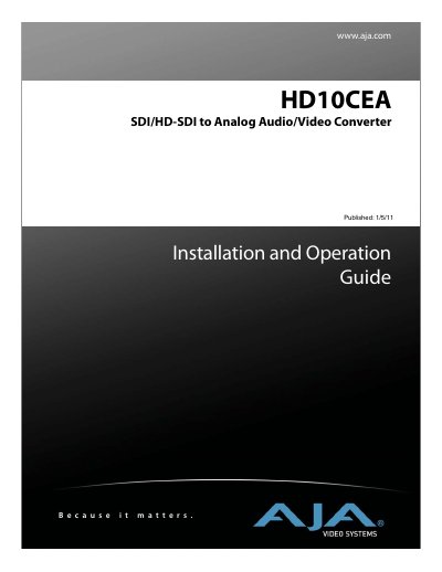 AJA HD10CEA SDI/HD-SDI to Analog Audio/Video Converter Installation and Operation Guide - cover page