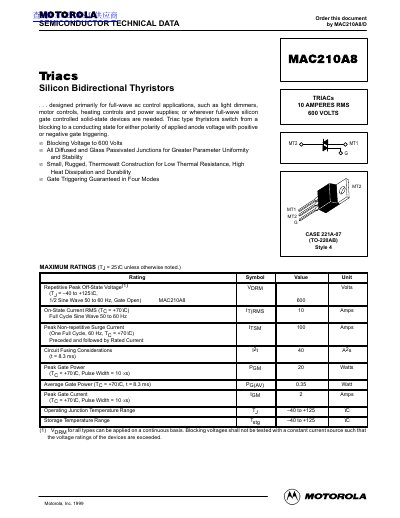 Motorola MAC210A8 Triac Datasheet - cover page