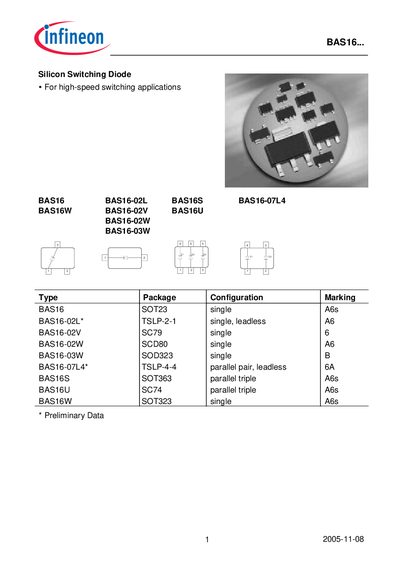 Infineon BAS16 Silicon Switching Diode Datasheet - cover page