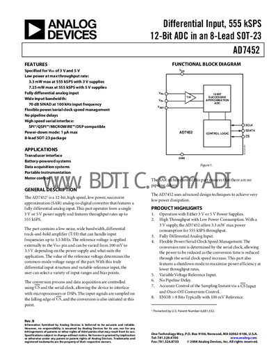 Analog Devices AD7452 Datasheet - cover page