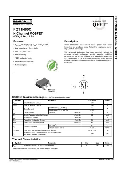 Fairchild FQT1N60C N-Channel MOSFET Datasheet - cover page