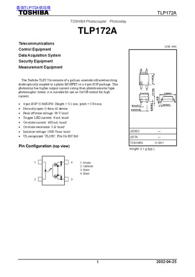 Toshiba TLP172A Photocoupler Datasheet - cover page