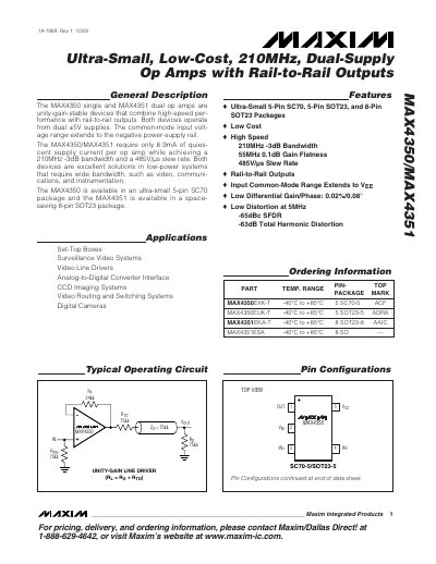 Maxim MAX4350/MAX4351 Dual-Supply Op Amp Datasheet - cover page