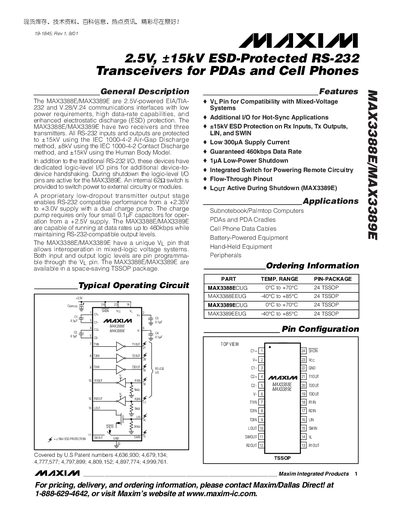 Maxim MAX3388E/MAX3389E RS-232 Transceiver Datasheet - cover page