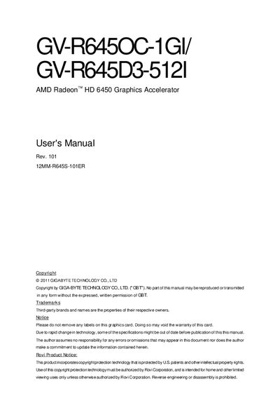 GIGABYTE GV-R645OC-1GI/ GV-R645D3-512I AMD Radeon TM HD 6450 Graphics Accelerator User's Manual - cover page