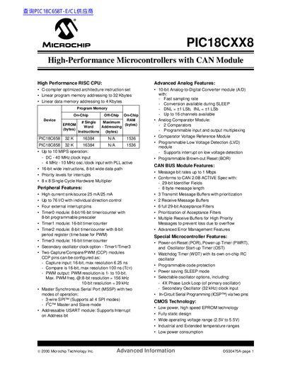 Microchip PIC18CXX8 High-Performance Microcontrollers Datasheet - cover page