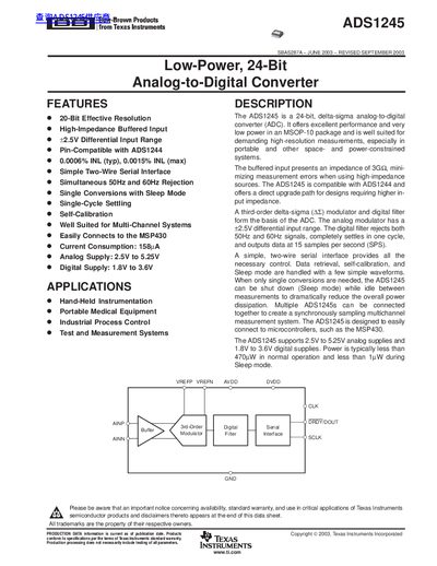 Texas Instruments ADS1245 Low-Power 24-Bit Analog-to-Digital Converter Datasheet - cover page