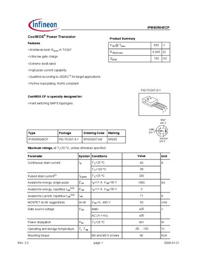 INFINEON IPW60R045CP Manual - cover page