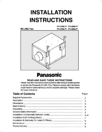 Panasonic FV-10NLF1/FV-20NLF1/FV-30NLF1/FV-40NLF1 installation Manual - cover page
