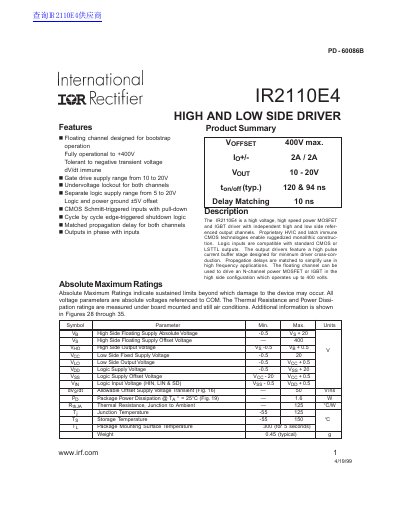 lnternational IOR Rectifier IR2110L4 HIGH AND LOW SIDE DRIVER datasheet(1) - cover page