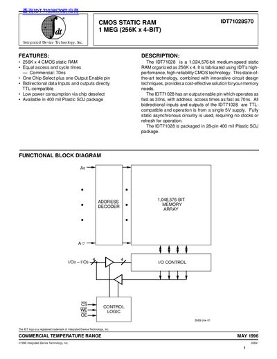 Integrated Device Technology IDT71028S70 CMOS Static RAM Datasheet - cover page