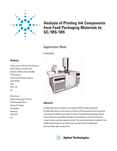 Agilent 7000 GC Triple Quadrupole GC/MS/MS System Analysis of Printing Ink Components Application Note - cover page