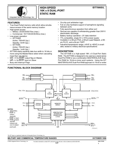 IDT IDT7006S/L High-Speed 16K x 8 Dual-Port Static RAM Datasheet - cover page