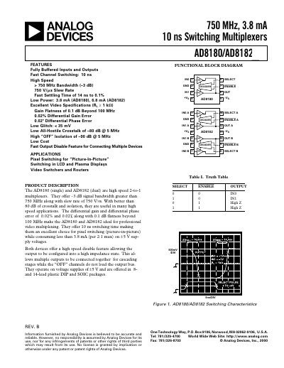 Analog Devices AD8180/AD8182 High Speed 2‑to‑1 Multiplexer Datasheet