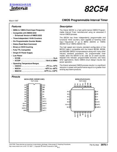 Intersil 82C54 Programmable Interval Timer Datasheet - cover page