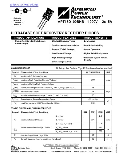 Advanced Power Technology APT15D100BHB Ultrafast Soft Recovery Rectifier Diode Datasheet - cover page
