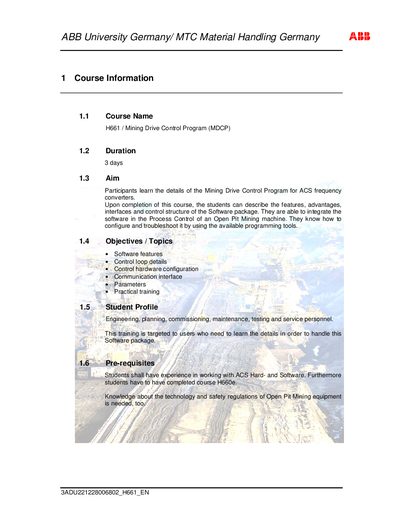 ABB H661 Mining Drive Control Program Training Manual - cover page