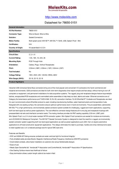 Molex 76650-0151 Connector Kit Datasheet - cover page