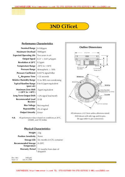 City Technology 3ND Nitrogen Dioxide Sensor Datasheet - cover page