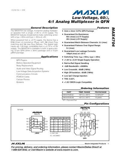Maxim Integrated MAX4704 Analog Multiplexer Datasheet - cover page