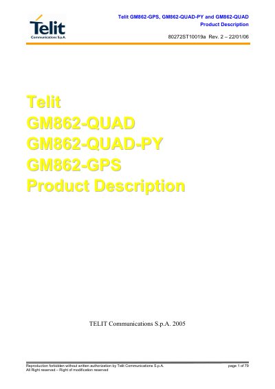 Telit GM862-GPS, GM862-QUAD-PY, GM862-QUAD Product Description - cover page