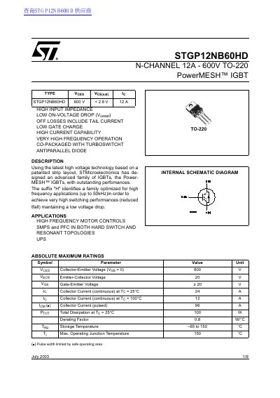 STMicroelectronics STGP12NB60HD PowerMESH IGBT Datasheet