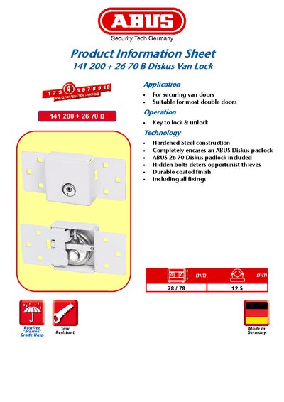 ABUS 141 200 + 26 70 B Diskus Van Lock Product Information Sheet - cover page