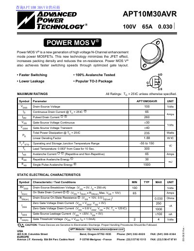 Advanced Power Technology APT10M30AVR Power MOSFET Datasheet - cover page