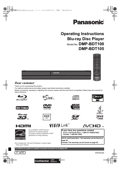 Panasonic Blu-ray Disc Player Model No. DMP-BDT100 DMP-BDT105 Manual - cover page
