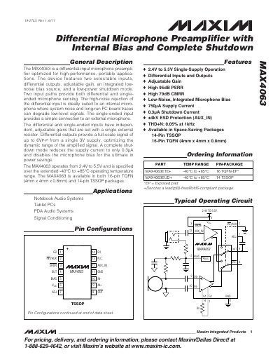Maxim MAX4063 Differential Microphone Preamplifier Datasheet - cover page