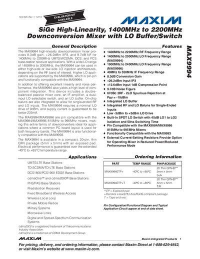 Maxim MAX9994 Downconversion Mixer Datasheet - cover page