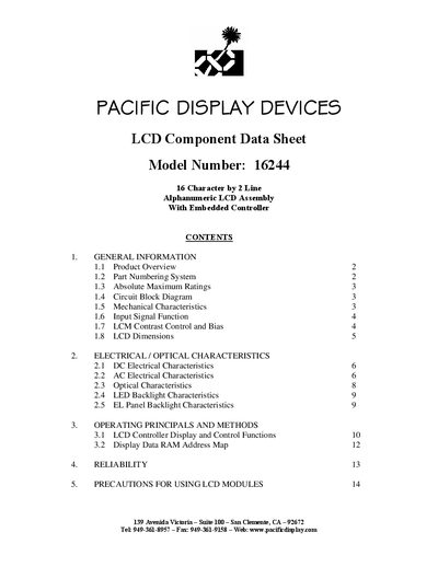 Pacific Display Devices 16244 LCD Component Datasheet - cover page