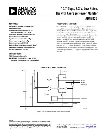 Analog Devices ADN2820 10.7 Gbps Optical Transimpedance Amplifier Datasheet - cover page