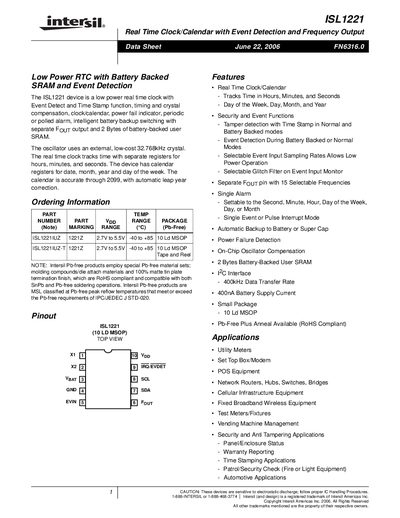 Intersil ISL1221 Real Time Clock/Calendar Datasheet - cover page