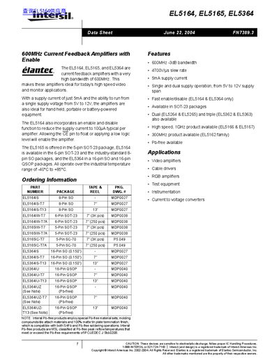 Intersil EL5164/EL5165/EL5364 Current Feedback Amplifiers Datasheet - cover page