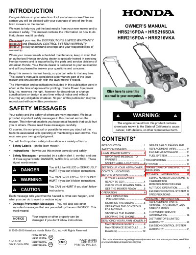 Honda HRS216PDA Lawn Mower Owner's Manual - cover page