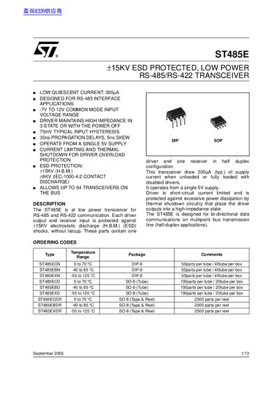 STMicroelectronics ST485E RS-485/RS-422 Transceiver Datasheet - cover page