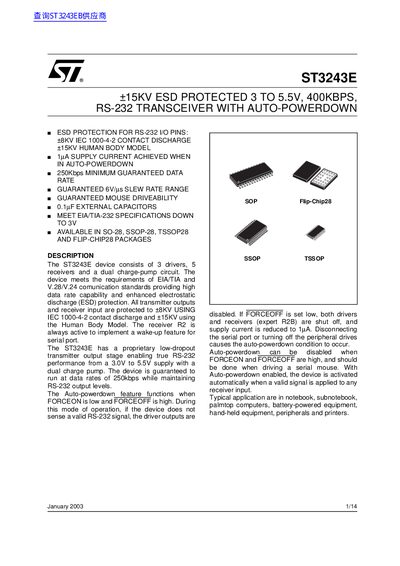 ST ST3243E &plusmn;15KV ESD PROTECTED 3 TO 5.5V 400KBPS RS-232 TRANSCEIVER WITH AUTO-POWERDOWN handbook(1)